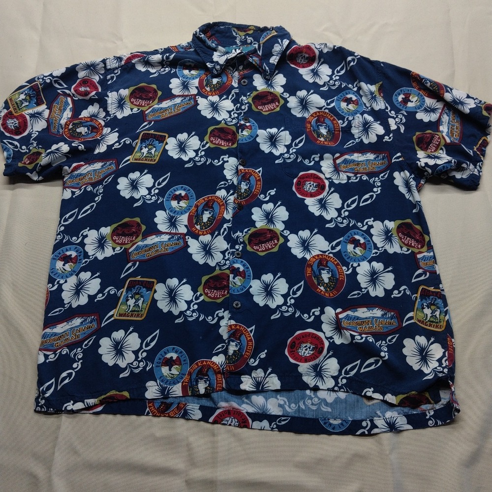 Vintage Big Dogs Hawaiian Shirt Mens L Blue Tropical Print Aloha Floral Hawaii